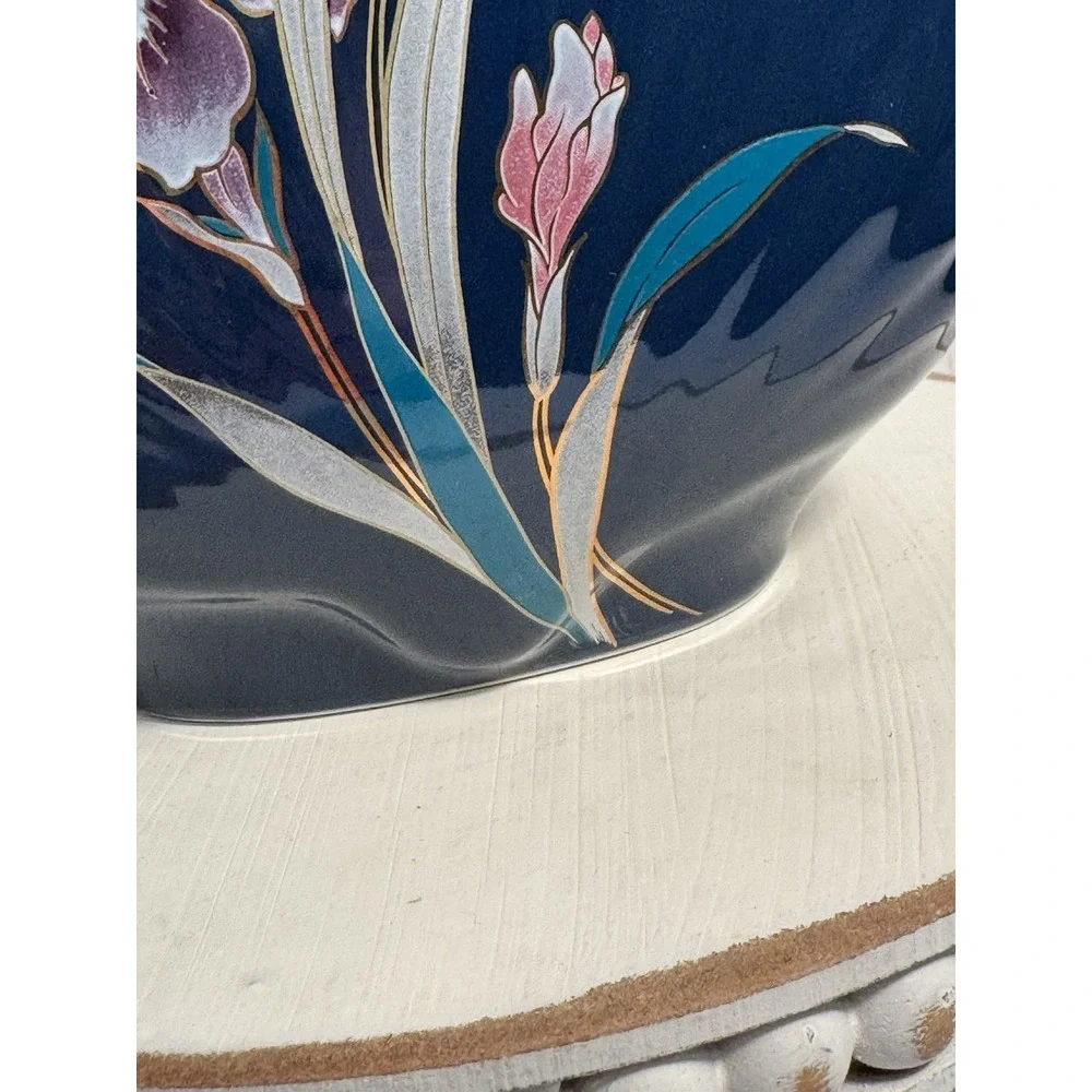 Vintage Japanese Fine China Vase Blue with Iris‎ Flowers Gold Trim–Made in Japan
